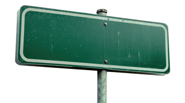 Empty green road sign on a pole, ready for new information, with a transparent background for versatility
