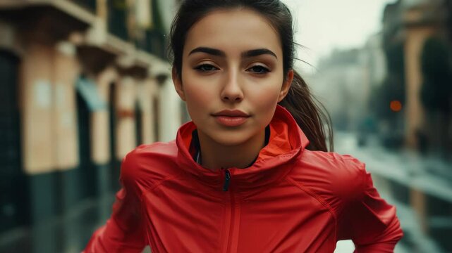 Female runner in red jacket, looking determined on street.