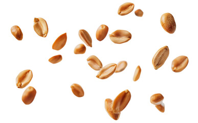 Floating roasted peanuts scattered in the air with a bright transparent background during a snack preparation