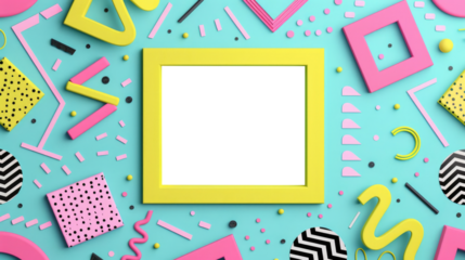 Colorful geometric shapes surround an empty frame on a vibrant blue background for display purposes