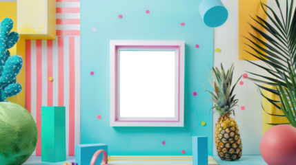 Bright and colorful abstract composition featuring a blank frame and various geometric shapes on a transparent background