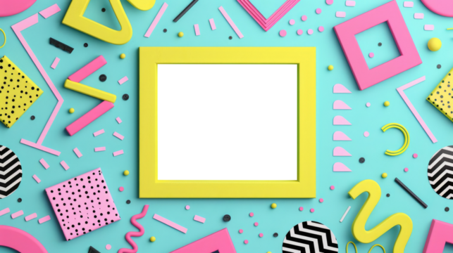 Colorful geometric shapes surround an empty frame on a vibrant blue background for display purposes