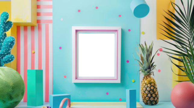 Bright and colorful abstract composition featuring a blank frame and various geometric shapes on a transparent background - Powered by Adobe