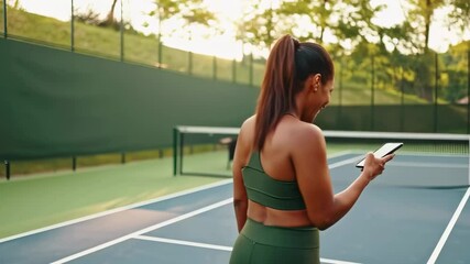 Smiling woman in athletic outfit checking her smartphone while taking a break on tennis court surrounded by lush greenery in summer
 - Powered by Adobe