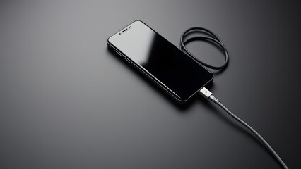 Black mobile with data cable on black surface 