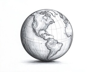 A detailed pencil sketch of a globe, centered, showing North and South America prominently, with shading suggesting a light source from above