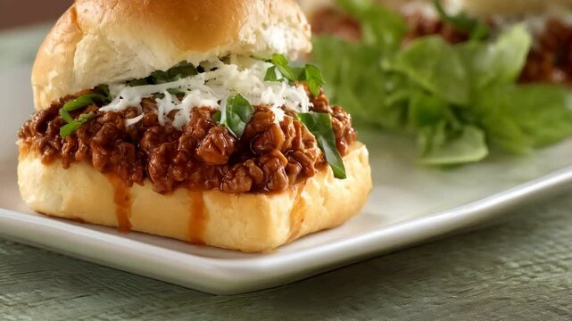 Close-up of sloppy joe sliders on a white plate, featuring ground meat in sauce with cheese and fresh herbs.