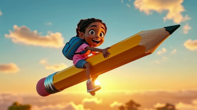 Happy girl riding giant pencil through bright sky at sunrise, symbolizing creativity, learning and limitless imagination in childlike dream world
