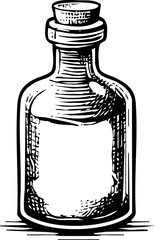 A black and white illustration of a glass bottle with a cork stopper, appearing to contain liquid, rendered in a woodcut or sketch style with textured shading.