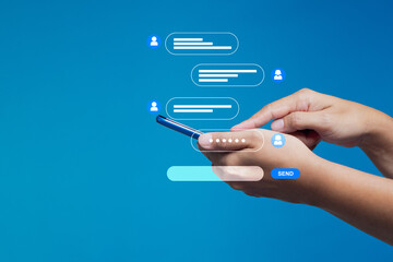 Hands typing on smartphone with virtual chat bubbles, modern communication and messaging concept.