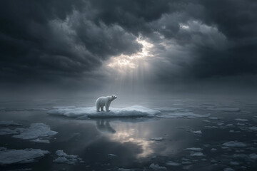 Polar Bear's Solitude: A lone polar bear stands on a small ice floe amidst a vast, dark sea under a dramatic sky, representing the stark reality of climate change and habitat loss.