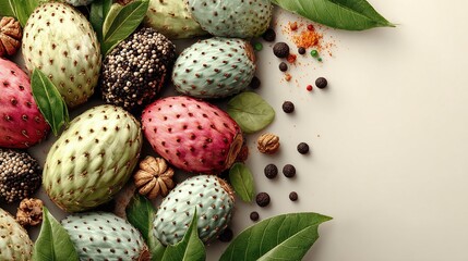 Obraz premium A vibrant arrangement of spiky fruit in varying hues, accented by peppercorns and fresh green leaves. A celebration of natural color and texture.