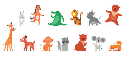Fototapeta premium Cartoon animals flat vector illustrations. Funny wild zoo animal characters smiling and waving, cute wildlife collection with hare rhino teddy bear giraffe deer monkey raccoon fox isolated on white