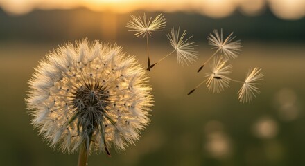Obraz premium Golden Hour Dandelion: Seeds of Change and Tranquility at Sunset