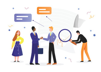 Business agreement vector illustration. Cartoon flat happy businessman on meeting with partner, business people shaking hands with agreed contract document, handshake partnership isolated on white