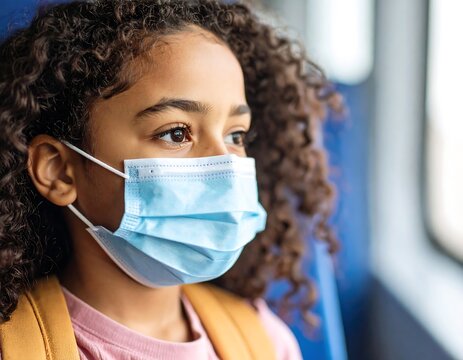 Girl wearing a mask on a bus - Powered by Adobe