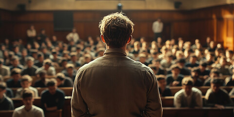 Professor delivers an engaging lecture to attentive students in a university auditorium setting. Header banner mockup with copy space.