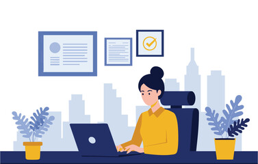 Fototapeta premium Focused Professional Woman Working on Laptop in Modern Office Productivity, Efficiency, and Success in the Workplace
