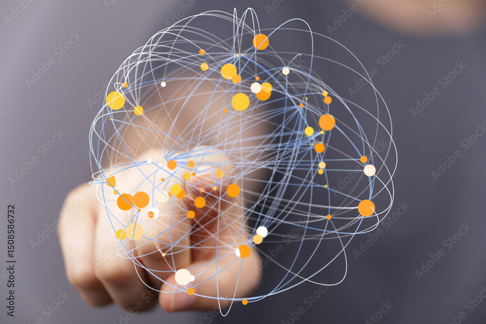 Poster Abstract image of a hand interacting with a digital sphere representing global network connections and data flow.