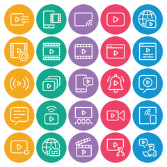 Circle color outline icons set for Video play
