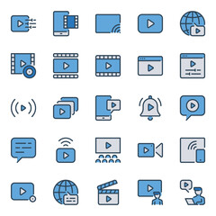 Filled blue outline icons set for Video play
