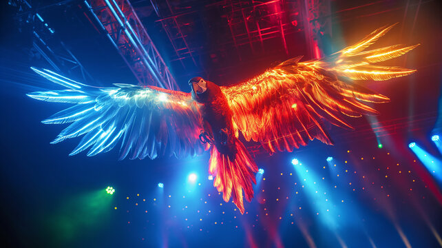 This metallic bird executes flips and spins in a vibrant circus arena while under dazzling lights.