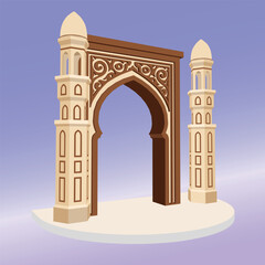 3d illustration stand booth gate entrance ramadan islam decoration with ornament and minaret for photobooth spot event. Vector editable sketch outline drawing coloring isolated.