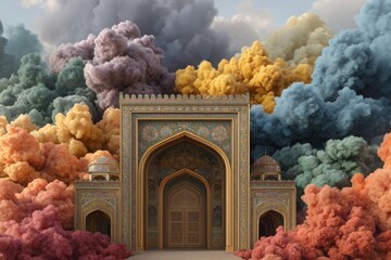 Ornate archway with clouds around it on white background