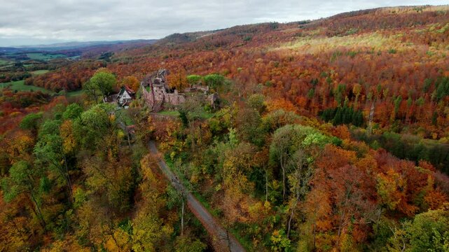Aerial view ruins of old castle. Ruin of Hohnstein Castle, Harz mountains, Germany.