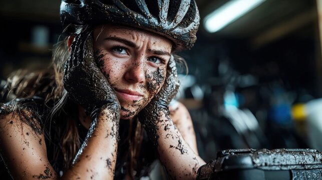 Mud-covered cyclist rests in workshop