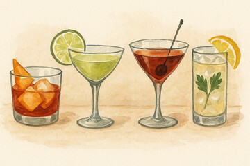 Watercolor illustration of classic cocktails with garnishes.
