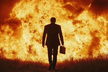 Obraz premium Man gripping a briefcase in fire