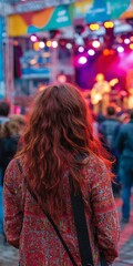 Fototapeta premium Young Woman Enjoys Live Music Concert with Defocused Stage and Crowd. Perfect Event Photography.
