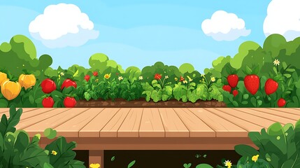 clipart style picnic table wooden planks with vegetable garden in background neat rows of plants under blue sky flat color palette