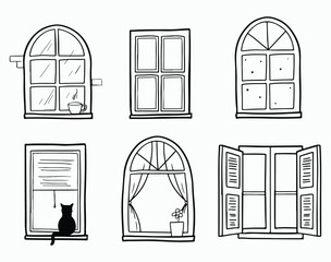 Cute window in different shape collection vector set. Doodle windows cartoon hand drawn with cat, rain, star, coffee. For children book, story, asset, graphic element, decoration