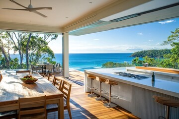 Fototapeta premium Coastal interior kitchen furniture outdoors light.