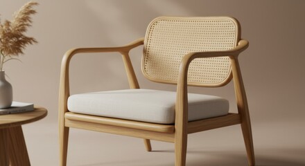 Minimalist Wooden Chair with Rattan Seating – Cozy Retro Aesthetic in Neutral Earthy Tones
