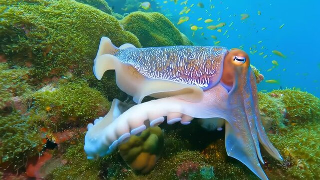 Vibrant cuttlefish gliding over coral reef with colorful fish and lush marine vegetation in clear tropical ocean
