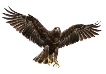 Brown hawk in flight against a white background. Wings outstretched