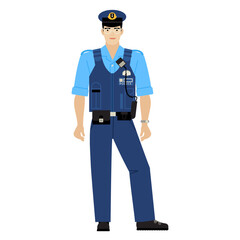 young man in a Japanese policeman's uniform isolated on a white background. a flat cartoon-style drawing. stock vector illustration. EPS 10.