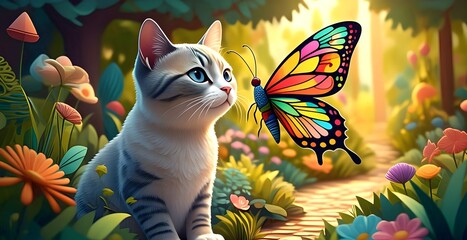 Colorpoint Shorthair cat with a colorful butterfly and the fresh garden in quilling paper style.