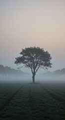 Solitary Tree in Foggy Field at Sunrise: A Serene Landscape Photography