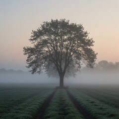 Solitary Tree in Misty Dawn: A Serene Rural Landscape