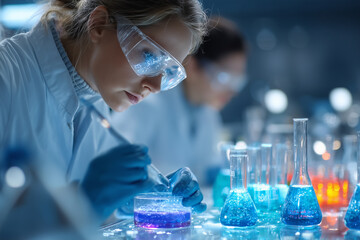 Scientist at Work in Lab: A focused female scientist meticulously works with a beaker of colorful chemicals in a modern, well-equipped laboratory setting.
