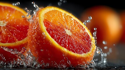 Orange splash with vibrant juice droplets bursting on black background in high contrast with clear lighting and focus