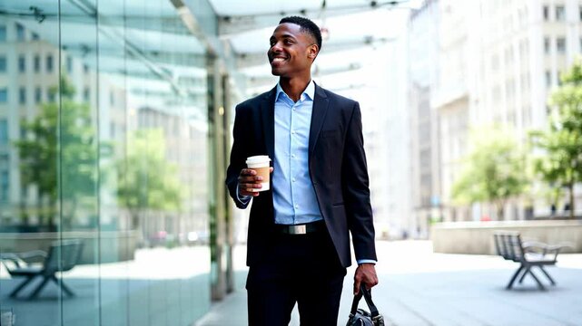 Smiling African American businessman walking confidently through the city with work bag and coffee cup.