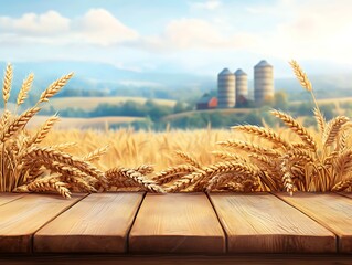 clipart style wooden tabletop with blurred barn silos and wheat fields behind warm tones cartoon aesthetic clean scene
