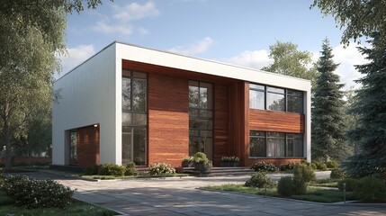 Modern house with white exterior and wood facade. Surrounded by lush greenery, showcasing architectural design.