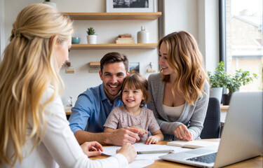 parents and child discussing agreement signing papers with consultant smiling family financial support life planning mortgage contract advice education trust indoors