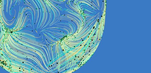 Vibrant teal and green lines swirl in an abstract pattern on a blue background. Perfect for tech or...